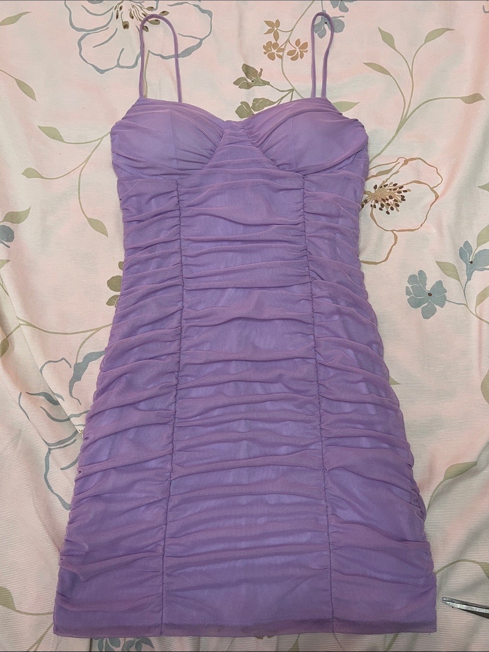 Lavender Ruched Bodycon Dress with Spaghetti Straps
